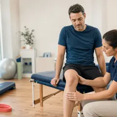 Fizjoterapeutka pomaga mężczyźnie w ćwiczeniach rehabilitacyjnych kolana.