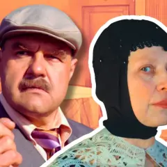 Adam i Ewa serial: mężczyzna w czapce z daszkiem grozi palcem, obok kobieta w czarnej chuście i koronkowej narzutce.