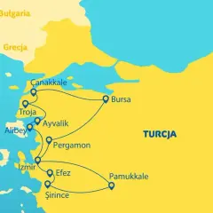Mapa turystyczna Turcji z zaznaczonymi miastami i trasami. Widać tu Morze Egejskie, które jest częścią Morza Śródziemnego, otaczające zachodnie wybrzeże.