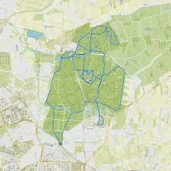 Mapa z zaznaczonymi trasami rowerowymi w Łódzkiem, prowadzącymi przez tereny zielone i lasy.