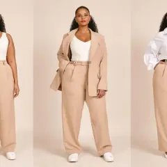 Kobieta plus size w beżowych spodniach wizytowych i różnych stylizacjach: top, marynarka, koszula.