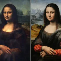 Zwei Darstellungen der Mona Lisa: Links das Original, rechts eine restaurierte Version mit leuchtenderen Farben und klareren Details.
