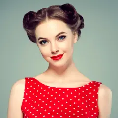 Kobieta w czerwonej sukience w grochy z perfekcyjnymi fryzurami retro i mocnym makijażem.