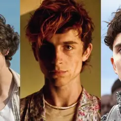Timothée Chalamet i tre olika roller från sina filmer: en ung man som pratar i telefon, en med rött hår och blommig skjorta, och en riddare i rustning.