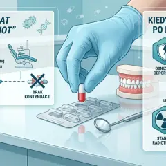 Schemat "one-shot" antybiotyku po wyrwaniu zęba: amoksycylina 2000mg na 30-60 min przed zabiegiem. Kiedy antybiotyk po ekstrakcji? Obniżona odporność, zakażenie okołokoronowe, leki antyresorpcyjne, stan po radioterapii, otwarcie zatoki szczękowej.
