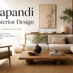A serene living room embodying Japandi style, featuring a neutral sectional sofa, wooden furniture, and minimalist art. This guide helps create a calm, warm, and functional home.