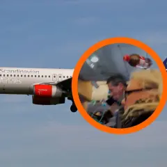 Samolot SAS w locie, w okręgu widok na wnętrze kabiny z pasażerami.