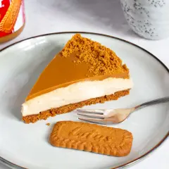 Ein Stück cremiger Biscoff Cheesecake mit Karamell und Keksbröseln. Perfekt für Ihr nächstes Biscoff Cheesecake Rezept!