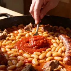 Un plat généreux de cassoulet maison, avec ses haricots blancs, ses saucisses et ses morceaux de viande, prêt à être dégusté.