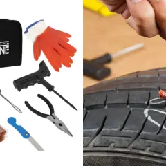 Kit de reparación para rueda pinchada: herramientas, parches y guantes. En la otra imagen, se muestra cómo usar una herramienta para reparar el pinchazo.