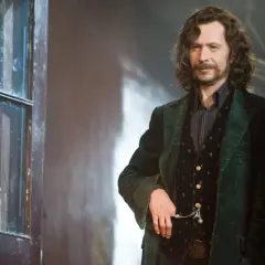 Gary Oldman jako Syriusz Black w Harry Potterze, stojący obok drzwi z szybą.