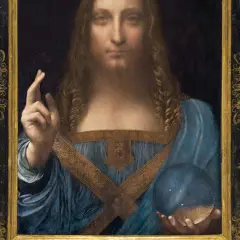 Leonardo da Vincis "Salvator Mundi" mit seinem Rekordpreis. Christus hält eine Kristallkugel und segnet.