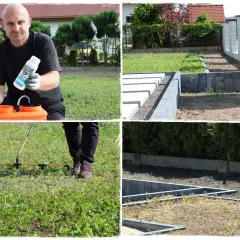 Mężczyzna przygotowuje opryskiwacz, by zadbać o trawnik. Pokazano, jak zrobić świder do ziemi, choć tu bardziej chodzi o pielęgnację ogrodu.
