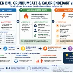 Die Grafik erklärt, was Kalorien sind und wie sie sich auf den Kalorienbedarf auswirken. Sie zeigt, dass Kalorien die Energie sind, die unser Körper verbraucht.