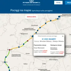 Mapa z symulacją ruchu pociągów, pokazująca trasę IC 6503 MAMRY z Wrocławia do Olsztyna.