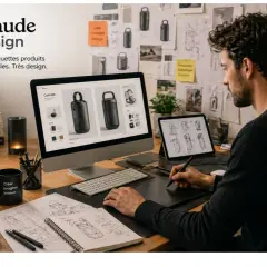 Un designer vêtement travaille sur des maquettes de produits sur son ordinateur et sa tablette. Esquisses et moodboards décorent le mur.