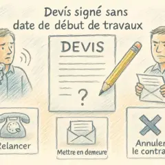 Un homme au téléphone, un devis signé sans date de début de travaux, et un autre homme tenant une lettre. Options : relancer, mettre en demeure, annuler le contrat.