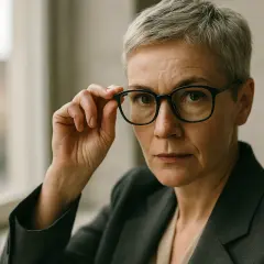 Kobieta z krótkimi siwymi włosami, w okularach, poprawia je ręką. Wygląda na skupioną, jakby zastanawiała się, kto dobiera okulary.