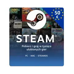Karta Steam o wartości 50€ z logiem Steam i kolażem okładek gier. Pobierz i graj w tysiące ulubionych gier na PC, Mac, SteamOS.