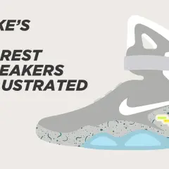 Ilustracja przedstawia futurystyczne buty Nike, jedne z najdroższych Nike, z napisem "Nike's 23 Rarest Sneakers Illustrated".