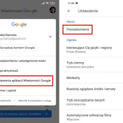 Ekran ustawień aplikacji Wiadomości Google. Widać opcję "Powiadomienia", która pozwala zarządzać tym, jak wyłączyć powiadomienia.