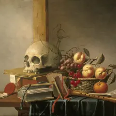 Een schedel, boeken, fruit en een fluit. Dit is een klassiek voorbeeld van wat een stilleven is: een kunstwerk dat levenloze objecten afbeeldt.