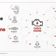 Najczęstsze przyczyny zapalenia się kontrolki check engine: świece, cewki, wtryskiwacze, sonda lambda, przepływomierz MAF, zawór EGR, układ EVAP, katalizator, termostat, SCR/NOx. Czy można jeździć? Sprawdź!