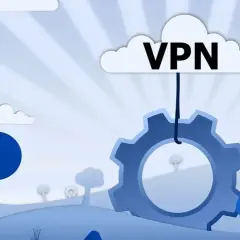 Nube con "VPN" conectada a un engranaje azul, en un paisaje estilizado con árboles y nubes.