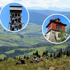 Widok na góry blisko Krakowa z wieżą widokową i czerwonym budynkiem.