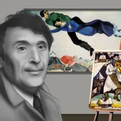A portrait of the famous Marc Chagall with two of his iconic paintings, one depicting a couple flying over a village, and another of a violinist in a snowy landscape.