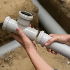 Montaż elementów instalacji wodnej w domu. Dwie ręce łączą szare rury kanalizacyjne, tworząc system odprowadzania wody.