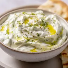 Krämig tzatziki med dill och olivolja, perfekt till pitabröd. Ett enkelt tzatziki recept att prova!