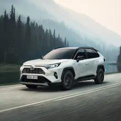 Toyota RAV4 Hybrid, l'auto più venduta al mondo, sfreccia su una strada panoramica tra foreste nebbiose e montagne.