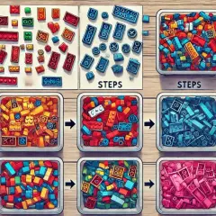 Schritt-für-Schritt-Anleitung für LEGO-Bauten. Verschiedene Farben von LEGO-Steinen werden sortiert und in Behältern präsentiert, wie in einer alten LEGO-Bauanleitung.