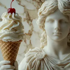 Lody z wisienką na tle antycznej rzeźby. Czy to starożytni Grecy wiedzieli, skąd pochodzą lody?