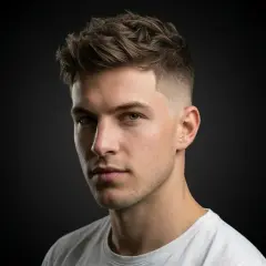 Un homme avec une coupe de cheveux texturée et un dégradé barbe à blanc, le regard intense.