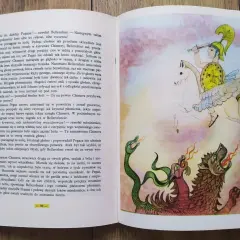 Ilustracja z książki Nathaniela Hawthorne'a: Bellerofont na Pegazie walczy z potworem Chimery.
