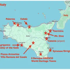 Map of Sicily, Italy, showing towns like Palermo, Catania (airport), and Mt. Etna, plus key attractions.