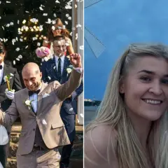 Klaudia i jej wybranek, rolnik szuka żony, świętują ślub. W tle widać wiatrak i niebo.