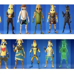 Kolekcja postaci z gry Fortnite, w tym różne wersje Peely'ego, czyli słynnego banana.