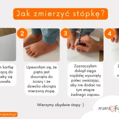 Instrukcja mierzenia rozmiaru stopy niemowlaka: przyklej kartkę, ustaw stopę z piętą przy ścianie, zaznacz najdłuższy palec i najszersze miejsca.