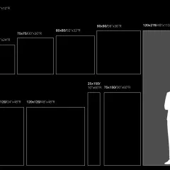 Diverse lastre di gres porcellanato rettificato in varie dimensioni, da piccole a maxi formato, con silhouette di uomo per scala.