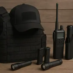 Chaleco táctico, gorra, linternas, cargadores, radio y pistola en funda. Equipo de seguridad **Miltec** listo para la acción.