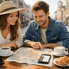 Para, planując city break, przegląda mapę i telefon, siedząc przy stoliku w kawiarni.
