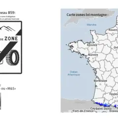Carte des zones où le pneu neige est obligatoire en France. Panneaux signalant l'entrée et la sortie de ces zones.