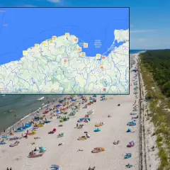 Mapa pokazuje, gdzie najcieplej nad morzem. Plaża pełna ludzi, słońce i fale.