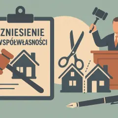 Ilustracja przedstawia proces zniesienia współwłasności ze spłatą. Sądowy młotek i nożyce symbolizują podział majątku.