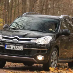 Czarny Citroen C-Crosser jedzie po leśnej drodze pokrytej jesiennymi liśćmi.