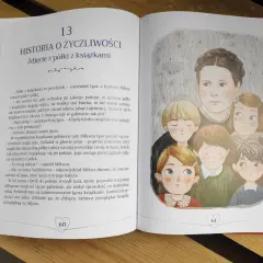 Ilustracja przedstawia grupę dzieci i dorosłego, otoczonych opowieściami o tym, co w życiu ważne.