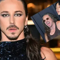 Michał Szpak z żoną, uśmiechnięty i w okularach, na zdjęciu w tle.